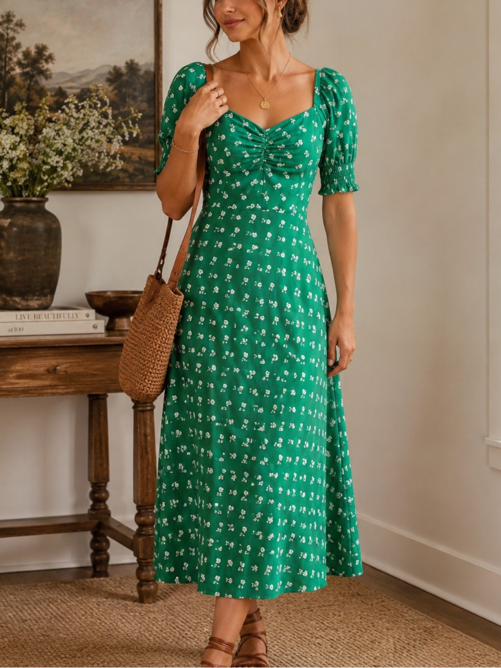 J. Crew Green Floral Midi Dress